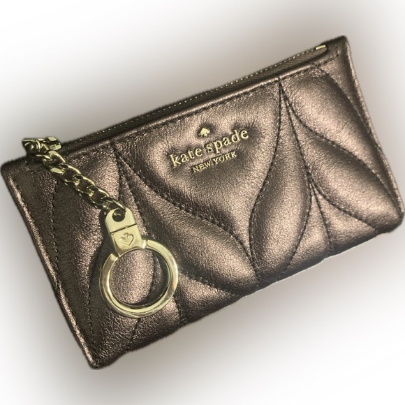 Kate Spade Briar Lane Bronze Quilted Metallic Leather Mikey Keychain Card Wallet - Picture 1 of 12